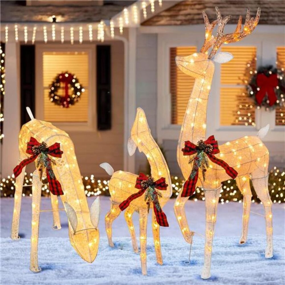 Hourleey 3-Piece Pre-Lit Reindeer Family Set, 3D Plug in 170 Count Warm White